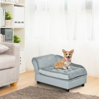 PawHut huisdierenbank met mat, hondenbed, hondenmat, hondenbank met opbergruimte, natuurlijk hout + pluche, lichtgrijs, 76 x 45 x 41,5 cm(m-10)