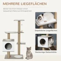 PawHut Kratzbaum Katzenbaum Kletterbaum für Katzen Mehrstufiges Multiaktivitätszentrum mit Katzenhöhle Rampe Weichkissen E1 MDF Hellgrau 60 x 48 x 122 cm(m-4)