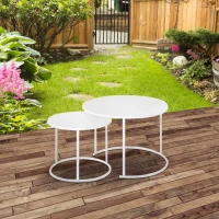 Bijzettafel set van 2 tuin salontafel koffietafel woonkamer metaal wit(m-2)