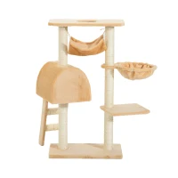 PawHut Árbol para Gatos Rascador 55x30x100 cm con Poste para Arañar Nido Cesta Hamaca Plataforma Caseta y Escalera de Terciopelo y Sisal Natural Beige(m-8)