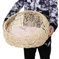 PawHut Hooded Rattan Wicker Cat House W/ Mat Kitten Pussy Basket Bed(m-8)