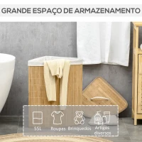 HOMCOM Cesto de Roupa de Bambu Capacidade de 55L Cesto para Roupa Suja com Tampa e Bolsa Amovível 38x38x57cm Madeira(m-5)