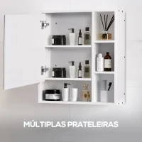 kleankin Armário com Espelho de Casa de Banho com Luz LED Porta 4 Prateleiras Abertas e Interruptor Tátil 60x15x65cm Branco(m-5)