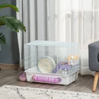 PawHut 2 Tier Hamster Cage Gerbil Rodent House Small Animal Habitat with Exercise Wheels Tunnel Tube Water Bottle Dishes Ladder, White(m-11)