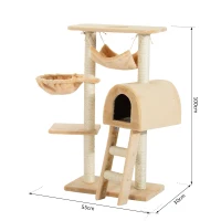 PawHut Árbol para Gatos Rascador 55x30x100 cm con Poste para Arañar Nido Cesta Hamaca Plataforma Caseta y Escalera de Terciopelo y Sisal Natural Beige(m-3)