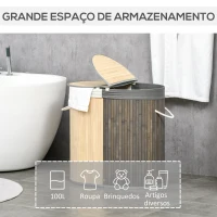 HOMCOM Cesto de Roupa de Bambu Capacidade de 100L com Tampa Rebatível e 2 Compartimentos 62,5x37x60,5cm Cinza e Madeira(m-5)