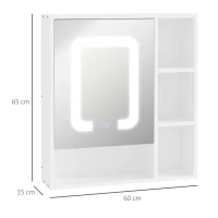 kleankin Armário com Espelho de Casa de Banho com Luz LED Porta 4 Prateleiras Abertas e Interruptor Tátil 60x15x65cm Branco(m-3)