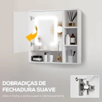 kleankin Armário com Espelho de Casa de Banho com Luz LED Porta 4 Prateleiras Abertas e Interruptor Tátil 60x15x65cm Branco(m-7)