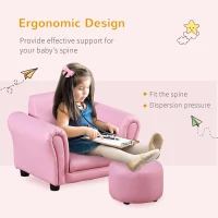 HOMCOM Toddlercouch, Kids Sofa, W/Footstool, PVC, Wood Frame, Pink(m-4)