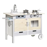 HOMCOM Childrens Toy Kitchen,  Wooden w/Wheels Sink Cooking Bench Drawers(m-1)