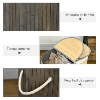 HOMCOM Cesto de Roupa de Bambu Capacidade de 100L com Tampa Rebatível e 2 Compartimentos 62,5x37x60,5cm Cinza e Madeira(m-8)