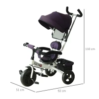 HOMCOM Kids Polyester Sun Canopy Ride-On Tricycle w/ Parent Handle Purple(m-3)