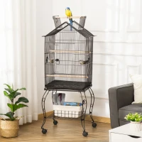 PawHut Gaiola para Pássaros com Suporte Rodas Bandeja Amovível 2 Comedouros e Prateleira Inferior de Metal 50x58x145 cm Preto(m-8)
