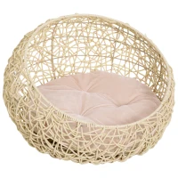 PawHut Hooded Rattan Wicker Cat House W/ Mat Kitten Pussy Basket Bed(m-1)