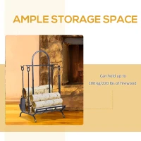 Outsunny Caseta pentru lemne din Fier Capacitate 100 kg cu 4 Instrumente Incluse pentru Intern si Extern Negru(m-6)