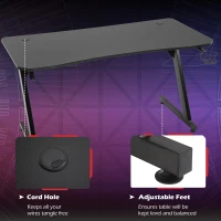 Homcom Masa Gaming Neagra – Cu Suport Casti, Pahare si Organizare Cabluri(m-6)