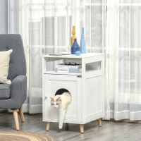 PawHut Cat Litter Box Enclosure  Decorative End Table, Cat Cave House Indoor, Wooden Cabinet with Magnetic Door, Multiple Storage Space White(m-10)