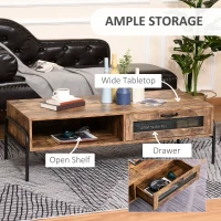 HOMCOM Industrial Coffee Table with Storage, Centre Table with Mesh Drawer, Open Shelf and Metal Legs for Living Room, Rustic Brown(m-5)