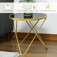 HOMCOM Glass Coffee Table, Round End Side Table, Accent Table with Tempered Glass Top and Golden Metal Legs for Living Room, Bedroom, Black(m-5)