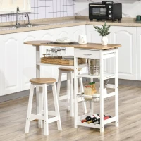 HOMCOM 3 Piece Bar Table Set, Breakfast Bar table and Stools with Storage Shelf, Drawer, Wire Basket and Wine Rack for Kitchen, Home Bar, Natural and White(m-2)