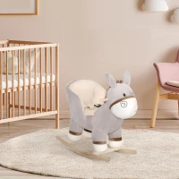 HOMCOM Kids Children Rocking Horse Plush Ride On Donkey Seat w/ Sound Wood Base Seat Safety Belt Toddler Baby Toy Rocker Grey 18 - 36 Months(m-9)