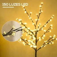 HOMCOM Árvore de Cerejeira com 120 Luzes LED IP44 Candeeiro Decorativo Flor de Cereja com Ramos Flexíveis 17x17x120cm Preto(m-6)
