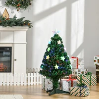 HOMCOM Brad de Crăciun 90cm cu 90 Ramuri din PVC cu Fibră Optică și 12 becuri LED(m-2)