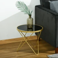 HOMCOM Glass Coffee Table, Round End Side Table, Accent Table with Tempered Glass Top and Golden Metal Legs for Living Room, Bedroom, Black(m-12)
