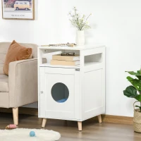 PawHut Cat Litter Box Enclosure  Decorative End Table, Cat Cave House Indoor, Wooden Cabinet with Magnetic Door, Multiple Storage Space White(m-2)