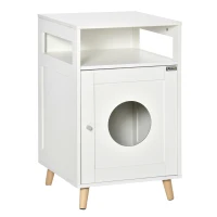 PawHut Cat Litter Box Enclosure  Decorative End Table, Cat Cave House Indoor, Wooden Cabinet with Magnetic Door, Multiple Storage Space White(m-1)