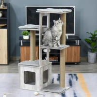 PawHut 114cm Wooden Cat Tree Condo Jute Scratching Post Cat Tower Kitten Activity Center Grey(m-2)