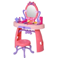 HOMCOM Kids Pretend Vanity Table with Stool, Beauty Pretend Play Set, Princess Dressing Table, with Mirror Lights Music & Makeup Accessories for Girls 3 Years Old Pink(m-1)