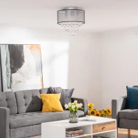 HOMCOM Modern Crystal Chandelier Flush Mount Ceiling Light with Drum Shade, 40cm, for Living Room, Bedroom, Dining Room, Silver(m-10)