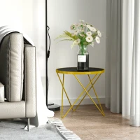 HOMCOM Glass Coffee Table, Round End Side Table, Accent Table with Tempered Glass Top and Golden Metal Legs for Living Room, Bedroom, Black(m-2)