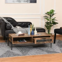 HOMCOM Industrial Coffee Table with Storage, Centre Table with Mesh Drawer, Open Shelf and Metal Legs for Living Room, Rustic Brown(m-2)