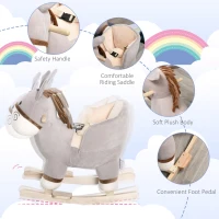 HOMCOM Kids Children Rocking Horse Plush Ride On Donkey Seat w/ Sound Wood Base Seat Safety Belt Toddler Baby Toy Rocker Grey 18 - 36 Months(m-4)