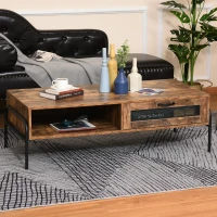 HOMCOM Industrial Coffee Table with Storage, Centre Table with Mesh Drawer, Open Shelf and Metal Legs for Living Room, Rustic Brown(m-11)