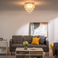 HOMCOM Modern Crystal Chandelier Flush Mount Ceiling Light with Drum Shade, 40cm, for Living Room, Bedroom, Dining Room, Silver(m-11)