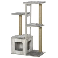 PawHut 114cm Wooden Cat Tree Condo Jute Scratching Post Cat Tower Kitten Activity Center Grey(m-1)