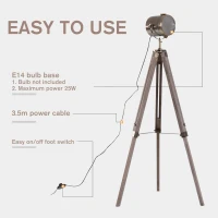 HOMCOM Industrial Tripod Floor Lamp for Living Room, Bedroom, Nautical Searchlight with Adjustable Height, Wood Legs, E12 Lamp Base, Grey and Bronze(m-7)