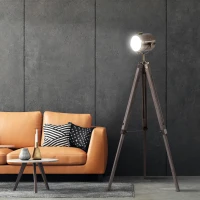 HOMCOM Industrial Tripod Floor Lamp for Living Room, Bedroom, Nautical Searchlight with Adjustable Height, Wood Legs, E12 Lamp Base, Grey and Bronze(m-11)