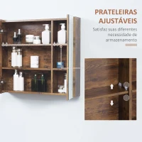 kleankin Armário com Espelho de Casa de Banho com Luz LED Suspenso 2 Portas e Interruptor Tátil Estilo Moderno 70x15x65cm Marrom Rústico(m-7)