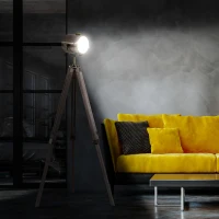 HOMCOM Industrial Tripod Floor Lamp for Living Room, Bedroom, Nautical Searchlight with Adjustable Height, Wood Legs, E12 Lamp Base, Grey and Bronze(m-13)