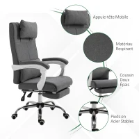 HOMCOM Fauteuil de Bureau Chaise de Bureau Ergonomique avec Repose-Pieds Rétractable, Dossier inclinable, tétière et Soutien des Lombaires, Réglable en Hauteur, en tissu Gris(m-5)