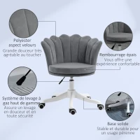 Vinsetto Fauteuil chaise de bureau à roulettes hauteur réglable pivotante 360° - forme coquillage - aspect velours gris(m-4)