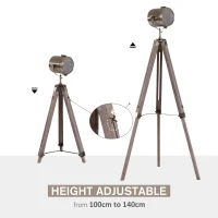 HOMCOM Industrial Tripod Floor Lamp for Living Room, Bedroom, Nautical Searchlight with Adjustable Height, Wood Legs, E12 Lamp Base, Grey and Bronze(m-4)