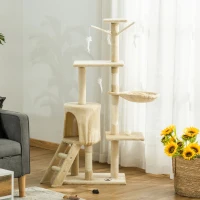 PawHut Copac Ascutit Unghii cu Cusca pentru Pisici in Lemn Sisal Natural, Bej, 40x30x131cm(m-4)