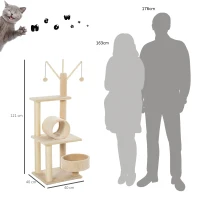 PawHut Spatiu de joaca cu suprafata de zgariat pentru pisici cu activitati multiple minge hamac din sisal plus 121cm(m-3)