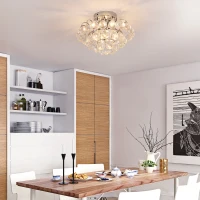 HOMCOM Modern Crystal Chandelier Flush Mount Ceiling Light Fitting Crystal Droplets Effect Round, D30cm-Silver(m-9)