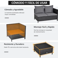 Outsunny Conjunto de Muebles de Jardín 4 Piezas Ratán Doble Sofá Mesa de Café Taburete con Cojines Acolchados para Exteriores Marco de Metal Negro(m-7)